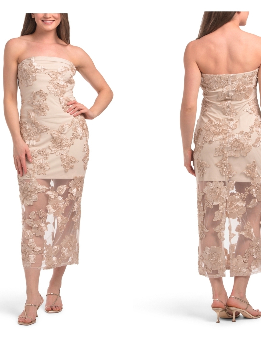 💛🔹️Camila Coelho 🔹️Strapless Mesh  Floral Chanpagne  Embroidered Midi Dress